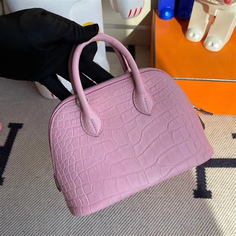 Hermes mini bolide 5P Pink 樱花粉 Matte Alligator Crocodile 雾面方块 美洲鳄鱼