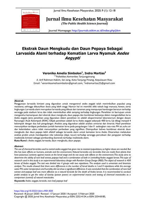 PDF Ekstrak Daun Mengkudu Dan Daun Pepaya Sebagai Larvasida Alami