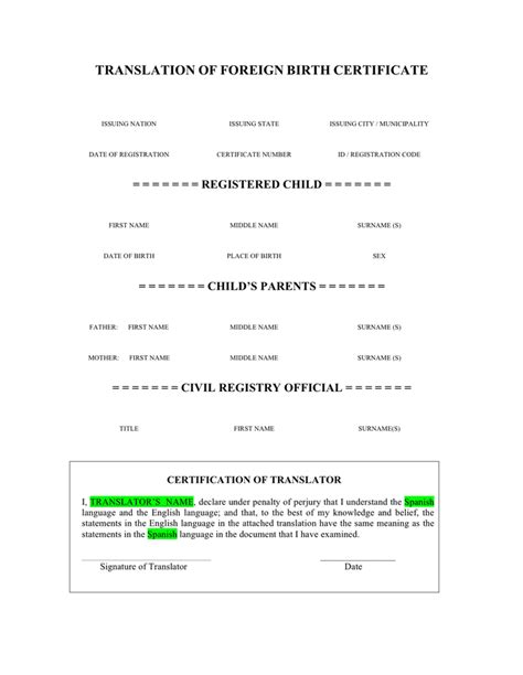 Printable Birth Certificate Translation Template Printable Calendars