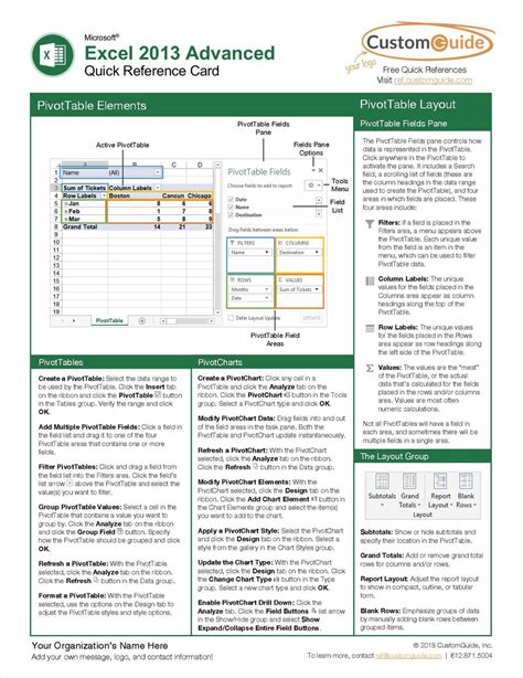 Microsoft Excel 2013 Advanced Quick Reference Guide Free Customguide