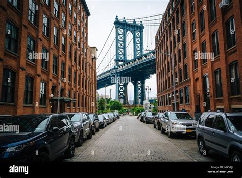 Washington Street and the Manhattan Bridge, in DUMBO, Brooklyn, New ...