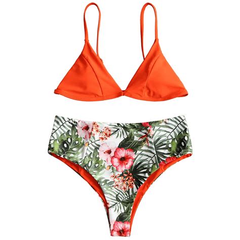 2018 Bikini Set Leaf Print High Rise Bathing Suit Spaghetti Straps Swimwear Two Piece Biquni