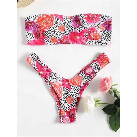 Zaful Leopard Floral High Cut Bandeau Bikini 2018 Sexy Women Swimwear