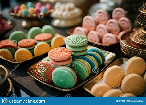 Postres Chinos Multicolores Tradicionales Para Bodas Sobre Mesa Stock