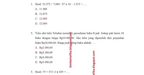 Soal Latihan TRYOUT 3 Matematika Kelas 6 SD Dan Jawaban Soal Jawaban