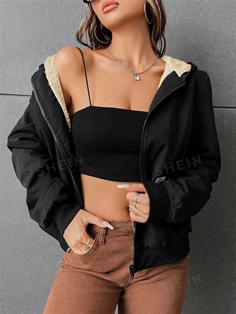 Shein Ezwear Letter Patched Detail Teddy Lined Hooded Jacket Shein Uk