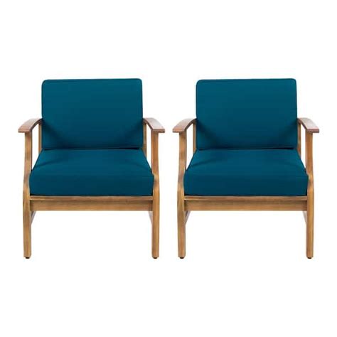 Noble House Perla Teak Finish Wood Outdoor Club Lounge Chairs With Blue