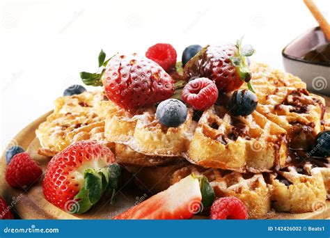 Waffle Traditional Belgian Waffles With Fresh Fruit And Powder Sugar