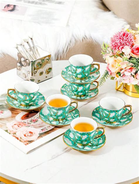 Ensemble De Tasses Caf Et Soucoupes En C Ramique Ray Es De Luxe Or