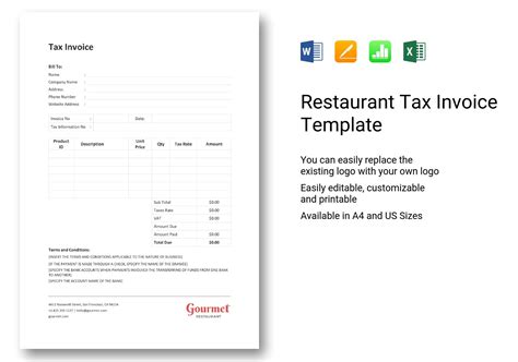 Restaurant Tax Invoice Template In Word Excel Apple Pages Numbers