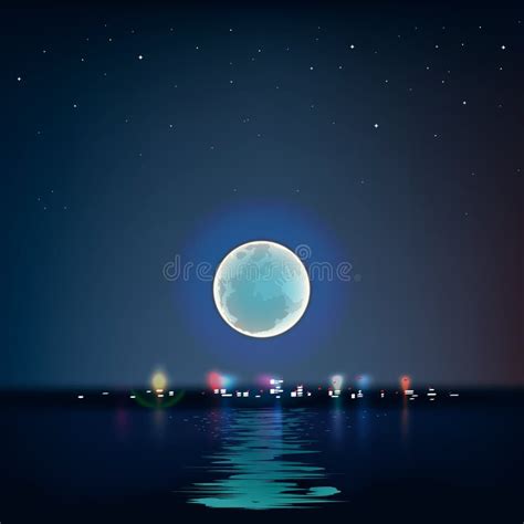 Luna Azul Llena Sobre El Agua Fría De La Noche Ilustración Del Vector