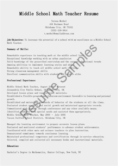 Resume Samples Middle School Math Teacher Resume Sample