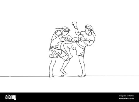 One Continuous Line Drawing Of Two Young Sporty Muay Thai Boxer Men