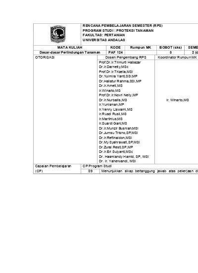 RENCANA PEMBELAJARAN SEMESTER RPS PROGRAM STUDI PROTEKSI TANAMAN