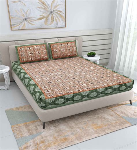 Buy Green Traditional Tc Cotton Double Queen Bedsheet With Pillow