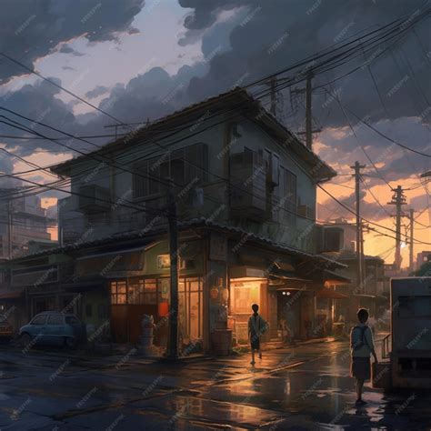 Premium AI Image | Anime scene of a man walking down a street in the ...