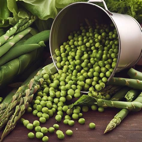 Guisantes Dispersos De Un Balde Con Esp Rragos Bok Choy Lechuga Vainas