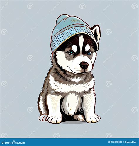 Cute Siberian Husky Comic Wearing A Beanie With Sweater And Hut Stock