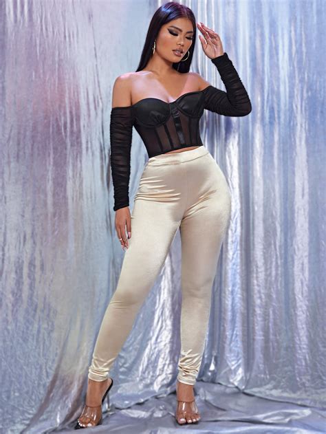 Off Shoulder Sheer Mesh Insert Crop Top Shein Usa