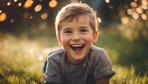 Niño pequeño riendo en el parque Retrato de primer plano de un niño