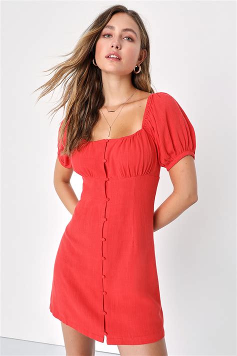 Red Linen Mini Dress Puff Sleeve Dress Button Up Mini Dress Lulus