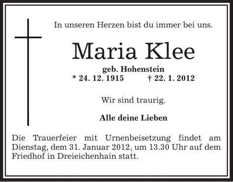 Traueranzeigen Von Maria Klee Trauer Op Online De