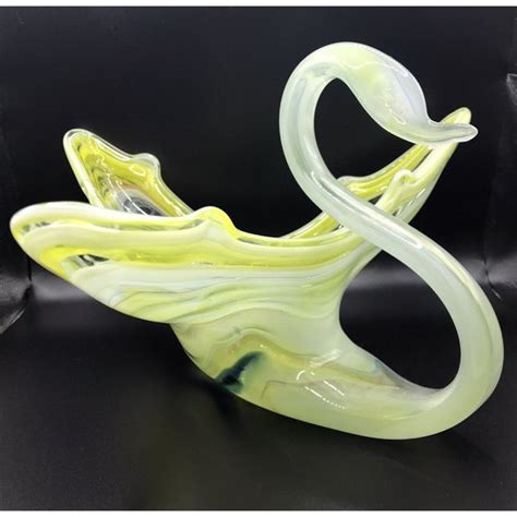 Murano Art Hand Blown Murano Green Yellow Swirl Art Glass Swan Bowl Candy Dish Vintage