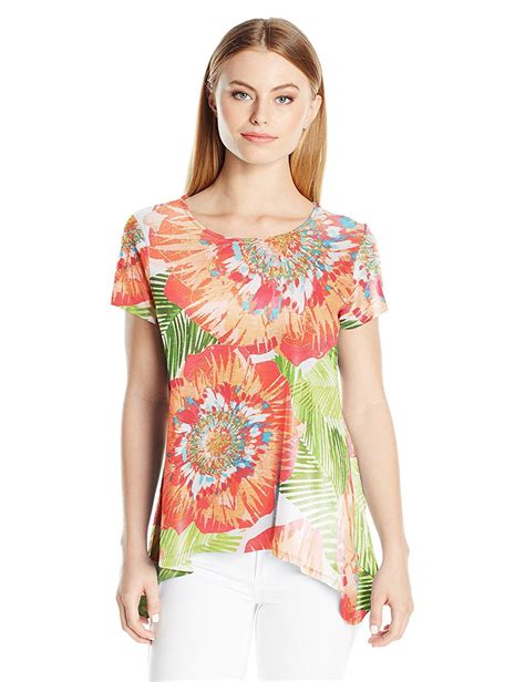 Ruby Rd Womens Plus Size Floral Short Sleeve Knit Top With Sharkbite