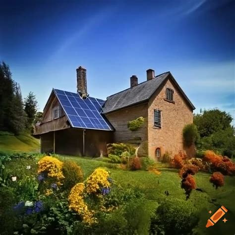 Sustainable Farmhouse With Vibrant Garden And Solar Panels On Craiyon