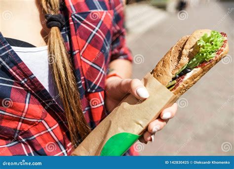 Female Hand Holding A Sandwich Stock Image Image Of Fresh Meat