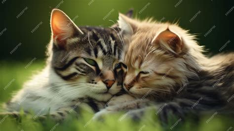 Two Cats Loving Each Other On A Green Background Premium Ai Generated