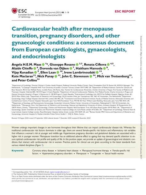 2021 Esc Consensus Document Cvd In Women Menopause Pdf Coronary