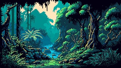 Paysage De Forêt De Jungle En Ia Généré Pixel 8 Bits Pour Le Fond De