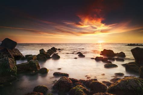 Stones Water Horizon Sunset Hd Wallpaper Peakpx