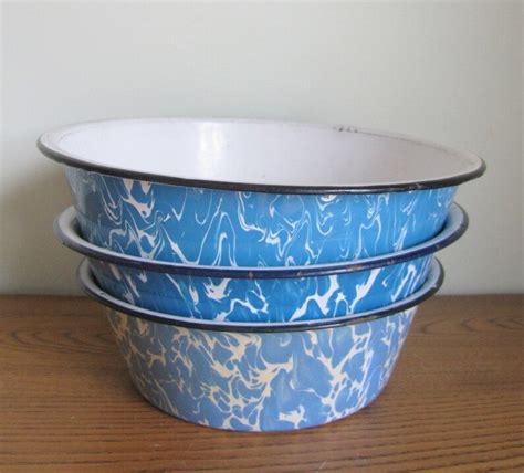 Vintage Blue Swirl Graniteware Enamelware Bowl Planter Etsy