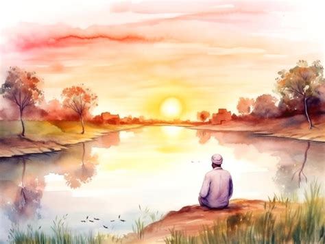 Premium AI Image A Watercolor Painting Of A Man Sitting On A Rock By