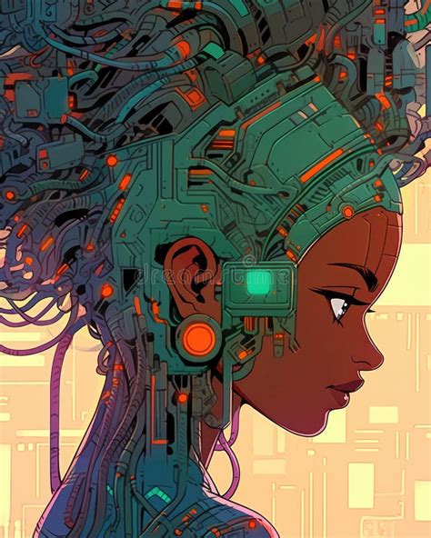 Close Up Portrait Of Female Android With Complex Wires And Circuits