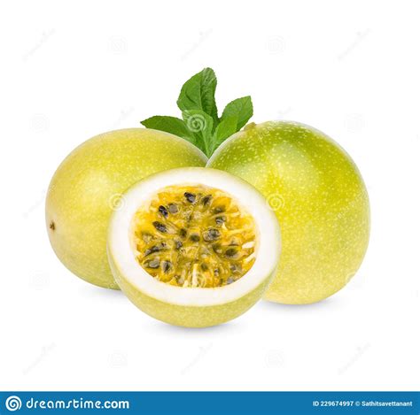 Passion Fruit Passiflora Edulis With Leaves Isolated On White