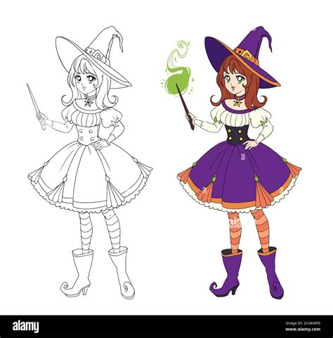 Beautiful anime witch holding magic wand. Red hair, purple dress and big hat. Hand drawn vector ...