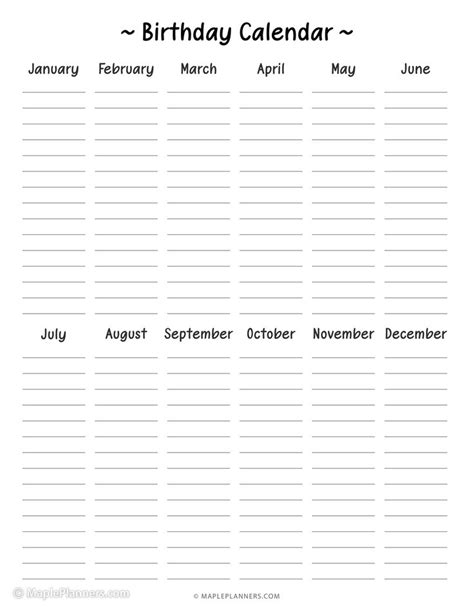 The Printable Birthday Calendar Is Shown In Black And White