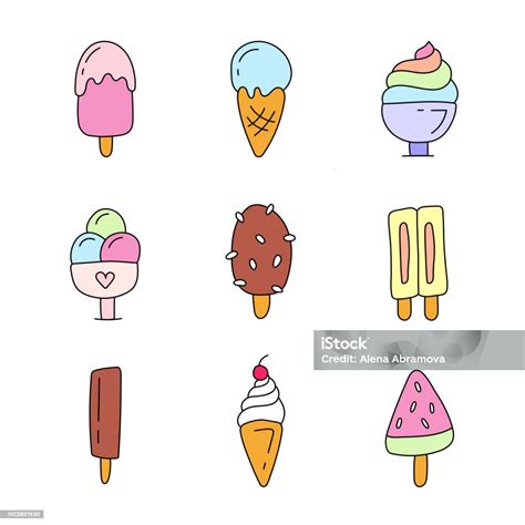 Big Set Of Cute Ice Creams Different Types Of Ice Cream In Doodle Style