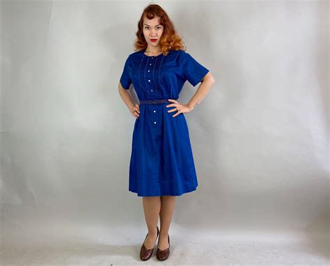 1940s Cute And Casual Dress Vintage 40s Midnight Blue Cotton