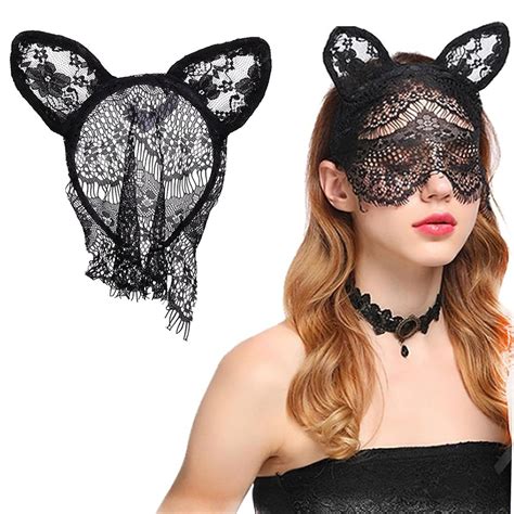 Asggbah 1pack Black Lace Cat Ears Masquerade Mask Half Faced Lace Cover For