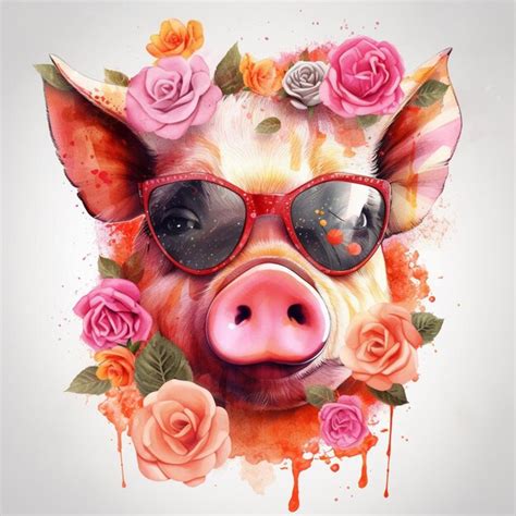 Premium Ai Image There Is A Pig With Sunglasses And Flowers On Its