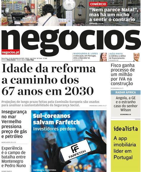 Capa Jornal De Negócios 19 Dezembro 2023 Capasjornaispt