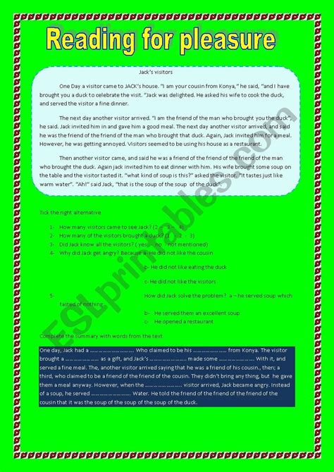 Reading For Pleasure Esl Worksheet By Sawsen Abid