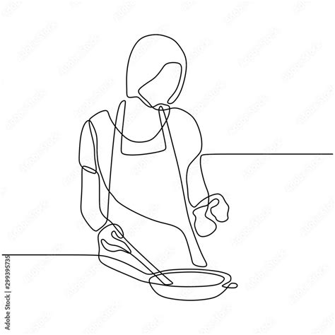 Awesome Girl Cooking Food Continuous One Line Drawing Vector