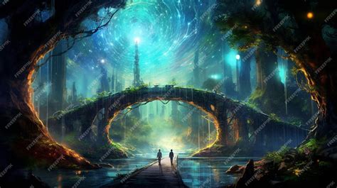 Premium Ai Image A Couple Of People Walking Across A Bridge In A