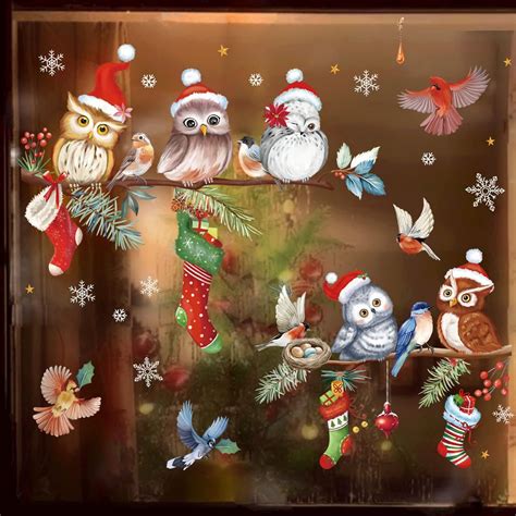 Decalmile Christmas Owl On Pine Branch Window Clings Cardinal Birds