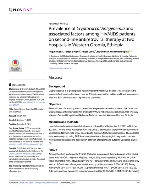 Pdf Prevalence Of Cryptococcal Antigenemia And Associated Factors Among Hivaids Patients On